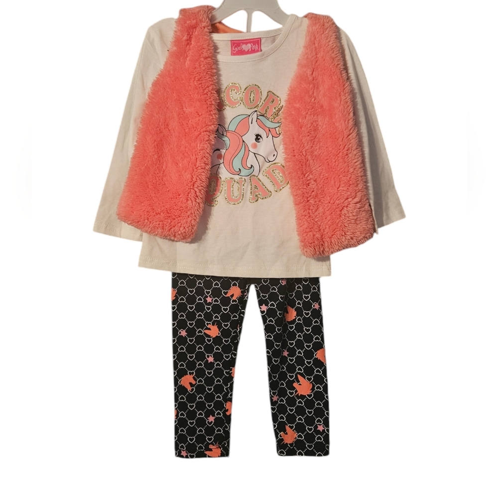 Pink Girls 3 Piece Set Pink Faux Fur Vest Size 3T